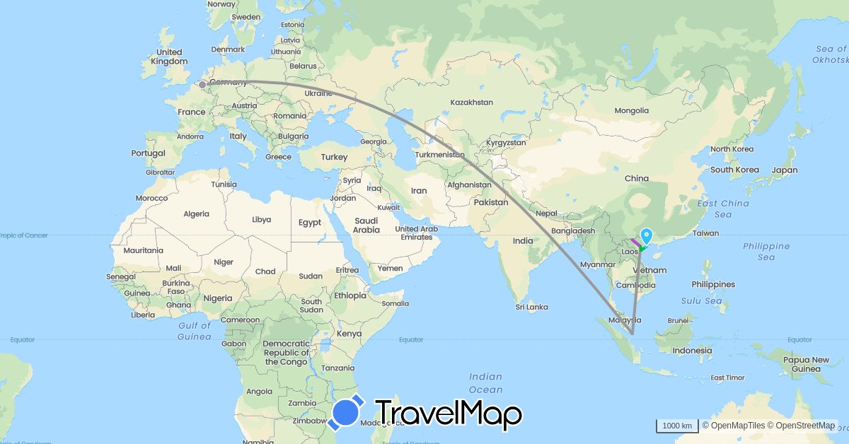 TravelMap itinerary: driving, bus, plane, train, boat in Belgium, Singapore, Vietnam (Asia, Europe)